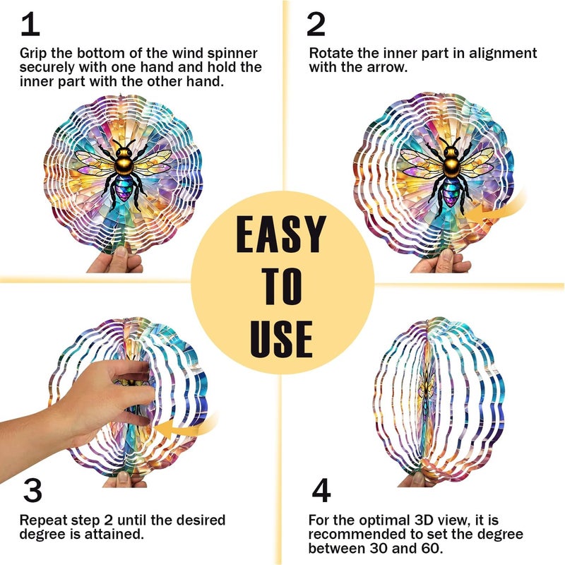 PUCPAM Bee Wind Spinner, 3D Hanging Stainless Steel Garden Spinner, Wind Spinner Hanging for Outdoor & Indoor Décor, Unique Gifts for Yard Garden Decoration or Patio Décor (Bee) - Image 3